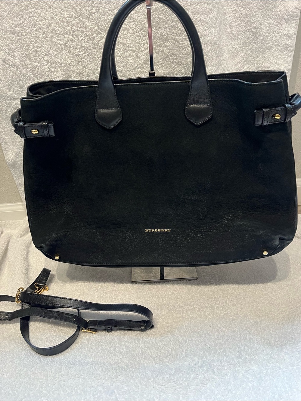 Burberry Black Suede Leather Satchel with Gold Accents